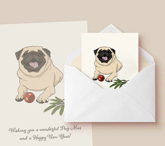 Folding card Pug Christmas "Wonderful Pug-Mas!" with envelope