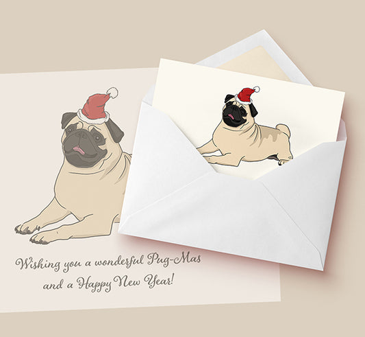 Mops Grußkarte "Wishing you a wonderful Pug-Mas and a Happy New Year!" mit Umschlag