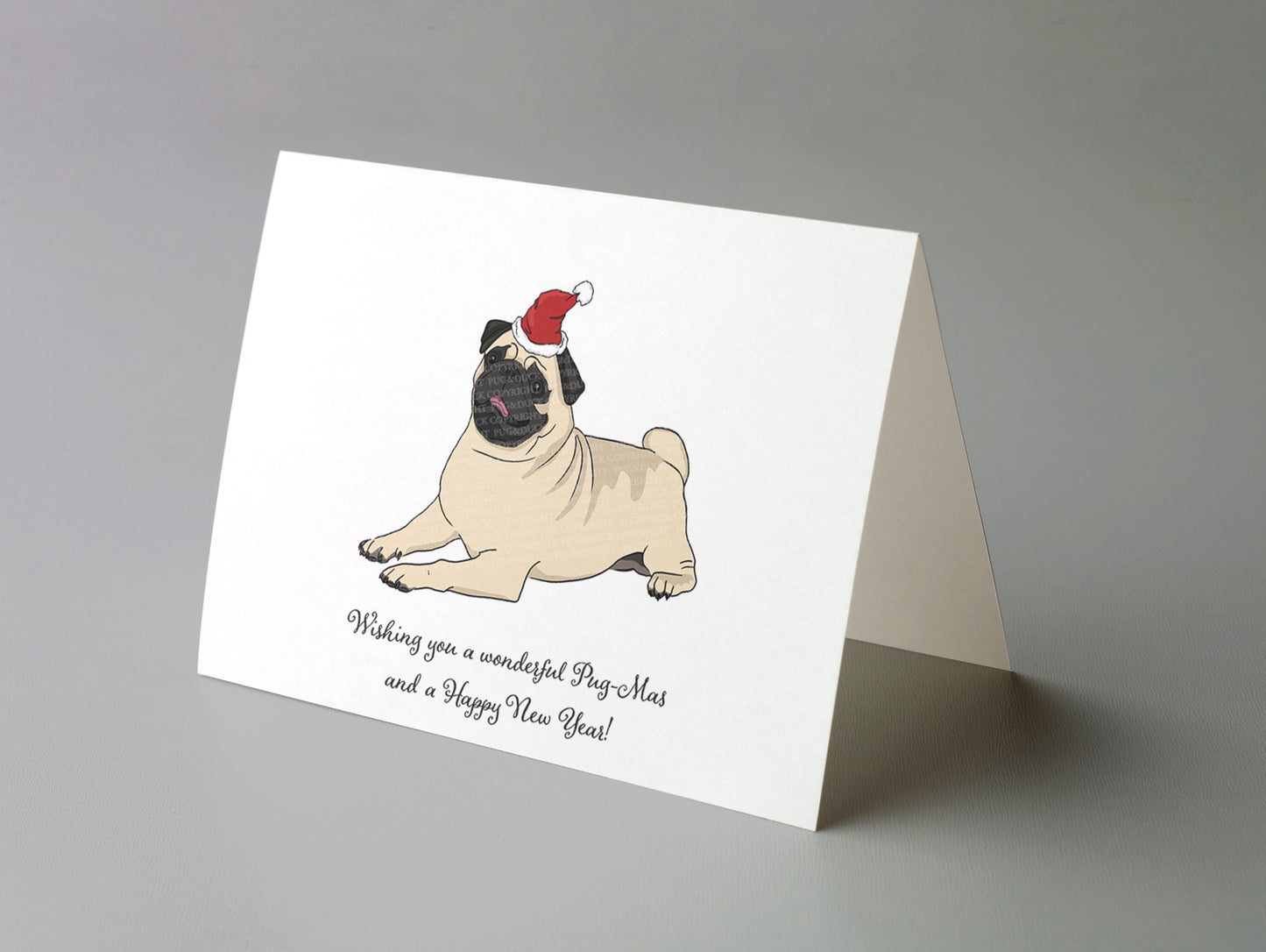 Pug greeting card "Wishing you a wonderful Pug-Mas and a Happy New Year!" with envelope